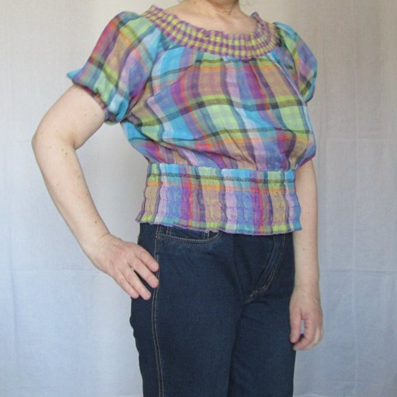 New Voice Woman’s Girl’s Fashion Multicolored Plaid Print Short Sleeves Top L - Picture 10 of 11